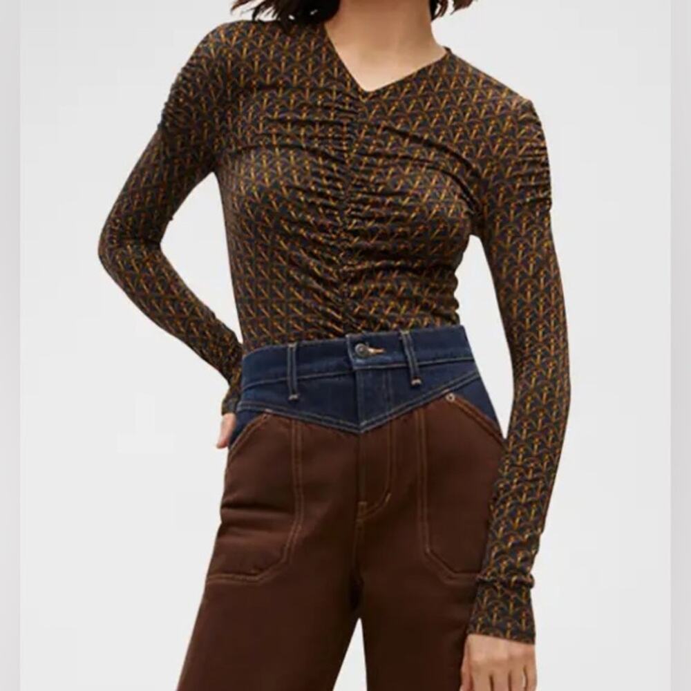 Veronica Beard Wome’s Neeta Gathered Long Sleeve Top Horsebit Navy Gold Size M